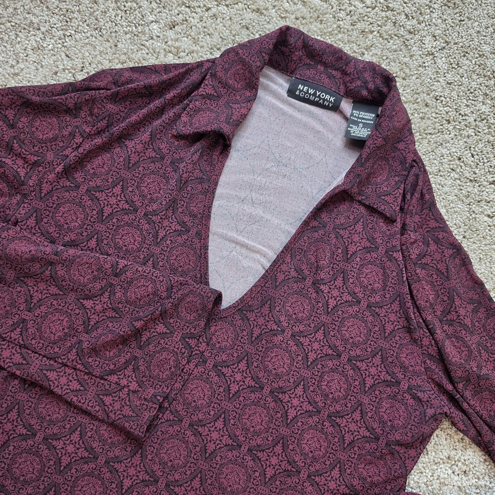 New York & Company Blouse Womens S Purple Tunic V-Neck Long Sleeve Top Ladies